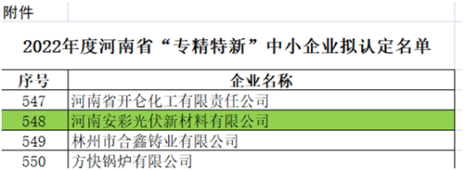 祝賀！光伏新材料通過河南省“專精特新”中小企業(yè)認(rèn)定